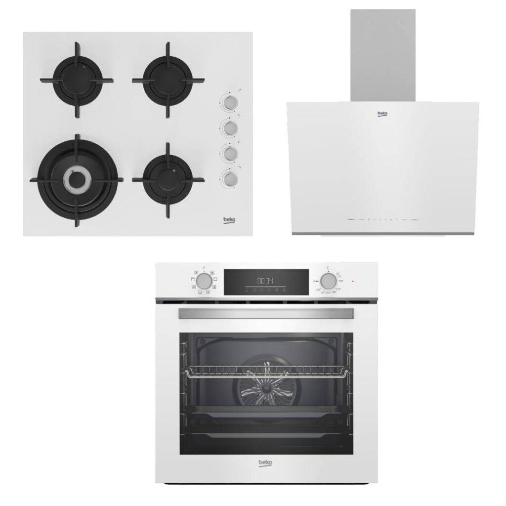 بيكو HILW 64122 SWE, with Beko Built-in Hood- BHCA66741BWHSE, with Beko Built-in Electric Oven with Grill - BBIM17300WD ، مقاس 60 سم 4شعلة ،ابيض